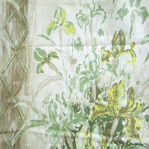 vintage chintz sample, 1960s style, yellow, brown, green irises, 52 x 48 inches